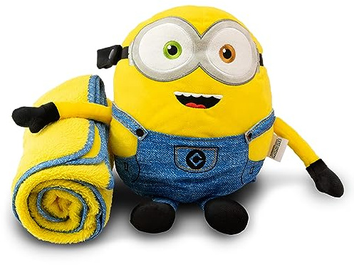 Roamwild Universal Despicable Me Bob Minions Kids Travel Pillow and Travel Blanket Set – Soft Plush Armrest Buddy Transforms Any Armrest Into a Comfy Childs Pillow for Travelling