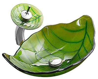 SHUGUANG Lavabo de Vidrio Templado, Lavabo Cristal Templado Forma de Hoja Lavamanos Cristal Baño Irregular Lavabo sobre Encimera para Baño con Grifo de Cascada, Drenaje de Agua, 550×355×160mm,Verde