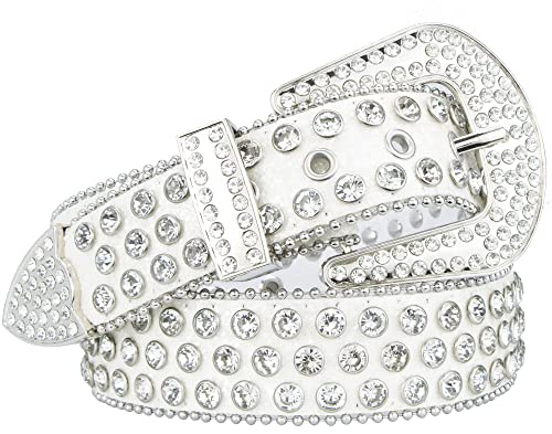 INOGIH Strass-Gürtel für Damen und Mädchen, Western-Cowgirl-Cowboys, glitzernd, Leder, Diamant-Gürtel für Jeanskleid, Weiss/opulenter Garten, 82.5 cm/102.5 cm Taille