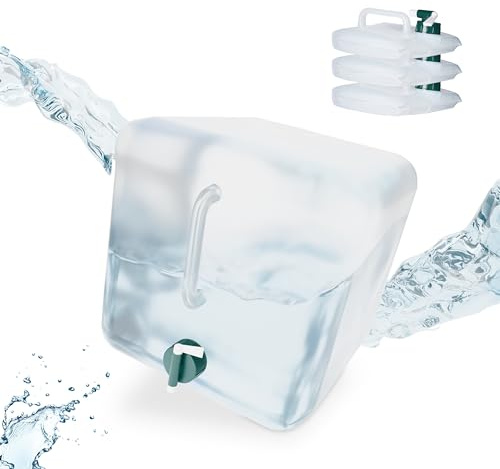 Relaxdays Pack 4 Bidones Plegables, Garrafas Agua Cuadradas, Grifo y Asa, de 20 Litros, sin BPA, Transparente/Verde