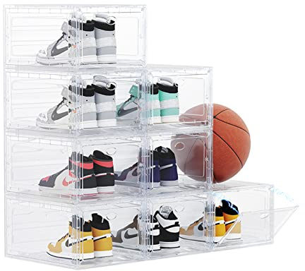 OMOPIN US 15 Clear Entryway Shoe Storage Boxes Stackable XXL, 8 Pack Clear Shoe Boxes Stackable for Closet, Drop Front Large Plastic Shoe Containers Collecting Sneakers