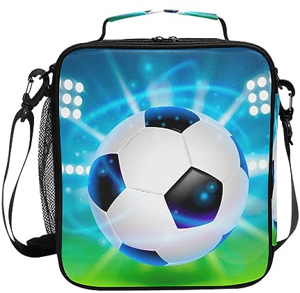 Mnsruu Soccer Ball on Field Lunch Bag Kids Insulated Lunch Box Large Tote Bag Cold Thermal Freezable Shoulder Strap for Boys Girls School Picnic
