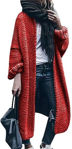 Vasreyy Trench Coat Damen Jeansjacke Cropped Warme Jacke Damen Frauen Einfarbig Langarm Strickjacke Oversize Frühling Winter Herbst Warm Cardigan Lang Mantel Grobstrick Schwarze Jacke Damen (Rot, L)