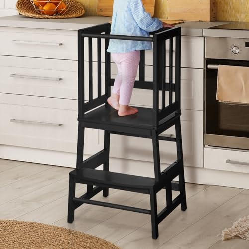 Toddler Kitchen Nursery Step Stool for Kids Toddlers Children,Standing Tower for Kitchen Counter, Mothers' Helper Kids Learning Stool,Made of Natural Solid Bamboo (Black)