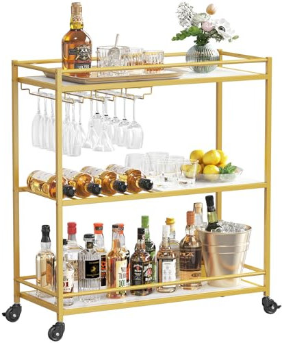 Lifewit Servierwagen, 3-stöckiger Barwagen auf feststellbaren Rädern, Küchenrwagen für 12 Gläser und 4 Weine, Servierwagen mit Rollen für das Esszimmer, 80,2 x 33,2 x 86 cm, Gold Lebenswit