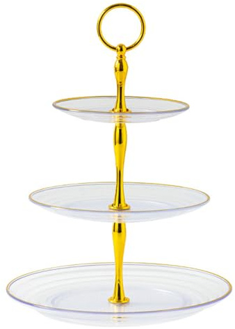 ulafbwur Vassoio da dessert a 3 livelli supporto per cupcake con bordi dorati, torre in plastica, asta in metallo, per baby shower, matrimoni, feste di compleanno, decorazione trasparente a triplo