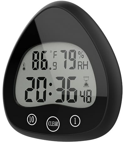 ALLOMN Badezimmer-Uhr, LCD-Digital-Duschuhr Wecker Wasserdicht Touch-Steuerung ℃/℉ Temperatur Luftfeuchtigkeit Countdown-Timer, 3 Montagemethoden, Batteriestrom (Tropfen Schwarz)