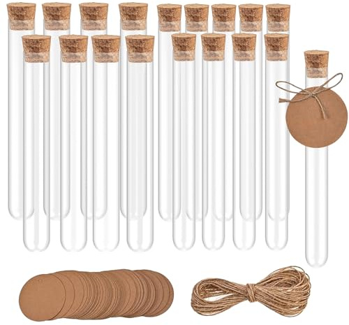 18 stycke provrör med kork, plast provrör, transparent vas för blommor vätskor, gör-det-själv godis, 20 x 150 mm (30 ml)/16 x 150 mm (15 ml), med 5 m hamparep, 5 etiketter