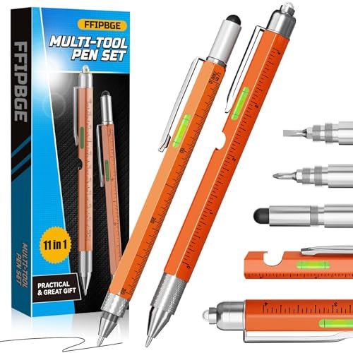 FFIPBGE 2 Pack Multi-Tool Pen Set, Gifts for Men, 9 in 1 Multitool Pen with LED Light, Ruler, Level, Screwdriver, Stylus, Flathead, Stocking Stuffers for Men, Dad, Husband, Gadget Gift for Him, Yellow