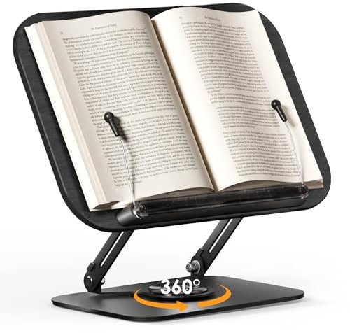 SupeDesk Soporte para libros para leer, soporte de madera ajustable, giratorio 360°, plegable, soporte para libros de cocina con clip lateral, soporte para presentaciones para recetas, revistas,