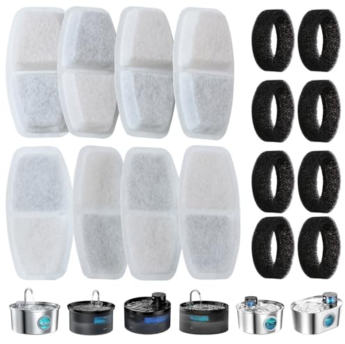 Zemiu Katzenwasserbrunnen 16 PCS und 8 Kohlefilter + 8 Schwämme, Katzenwasserbrunnenfilter mit dreifacher Filtration, Katzenwasserspenderfilter erfüllt 4-7 Monate Ersatzbedarf, kein Kunststoff