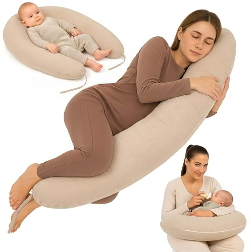 Cuscino allattamento e gravidanza Mussola 190cm – Guanciale laterale corpo per dormire sul fianco Supporto perfetto per il riposo e il relax Ideale per maternità e futuro mamme Forma a C Oeko-Tex