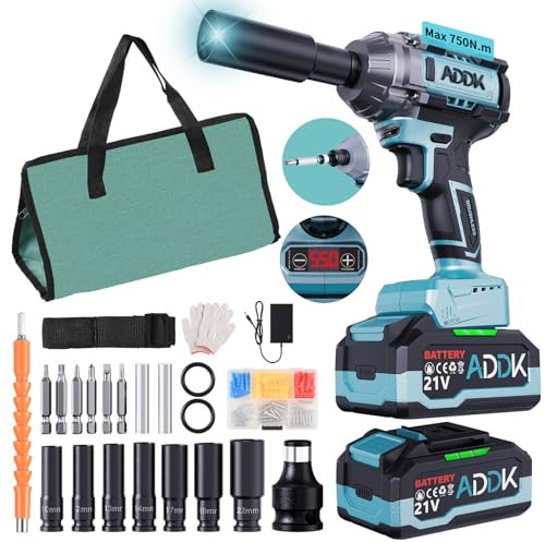Clé à Chocs Sans Fil 750Nm,1/2 Brushless Boulonneuse a Choc Electrique avec 2 Batteries 4.0Ah 21V -2600RPM Visseuse à chocs avec 7 Douilles à Chocs,Chargeur Rapide,pour Changement Pneus Voiture