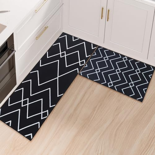OPLERT Alfombra de Cocina Pack de 2,Alfombrilla de Cocina Anti Fatiga,Alfombrilla de Cocina Antideslizante Lavable,para Cocina,Pasillo,Salón,Dormitorio,Negro,43x75+43x150cm
