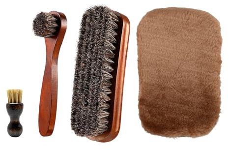 Shoe Brush Set 4 Pcs Soft Shoe Brushes for Polishing and Cleaning Horsehair Brush and Shoes Care Cloth Glove for Boots, Car Seats, Bags, Sofas