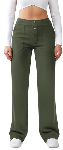 Friptspyg byxor dam hög midja breda byxor knapp raka ben byxor casual arbete byxor stretch yogabyxor med fickor, Armégrön, XL