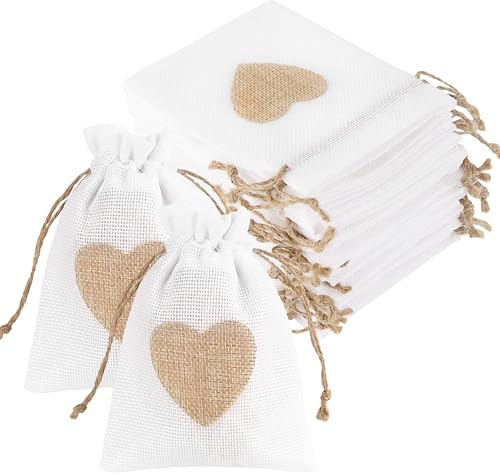 20PCS Sachets en Toile de Jute 10x14cm Pochettes Jute en Motif de Coeur Lot de Petit Sac avec Cordon Continir Bonbons Bijoux Boite Cadeau Dragees pour Mariage Baptême Anniversaire Noël
