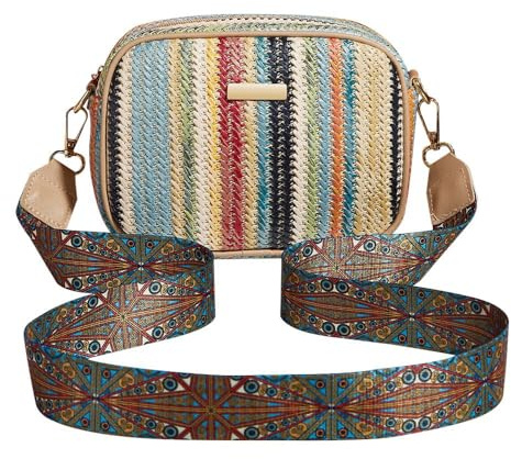 XFSRG Bolso Mujer Verano de Paja Bandolera Elegante con Correa Ancha Ajustable Bolso Crossbody Casual para Fiesta Vacaciones y Uso Diario (Azul)