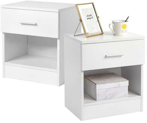 TactFire Nachttisch 2er Set Nachtschrank Schlichter Beistelltisch Weiß | Kommode mit 1 offenem Fach und 1 Schublade 39 x 29 x 41 cm