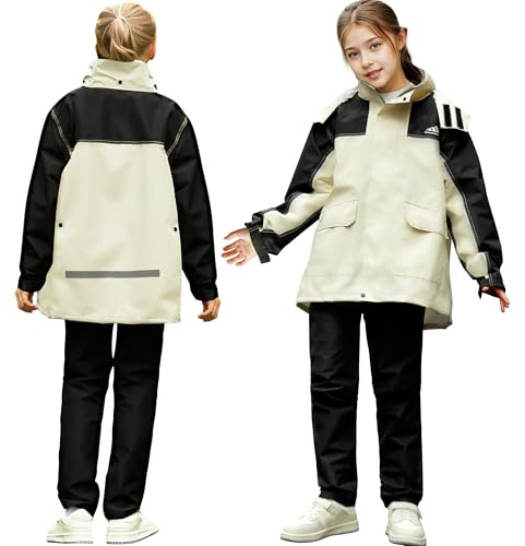 Domueay Regndräkt för pojkar eller flickor lättviktsjacka och byxor för unisex barn 8–14 år, svart, vit, 11-12 år