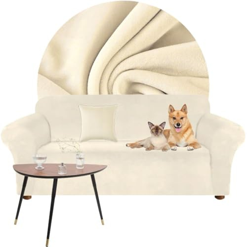 Domidekor - Sofa Überzug Cremefarben - Couch und Sofabezug 3 Sitzer - Sofaüberwurf für Wohnzimmer - Sesselbezug Stretch - Elastische Samt Couchbezug - Breite 190-230cm - Oeko-Tex 100
