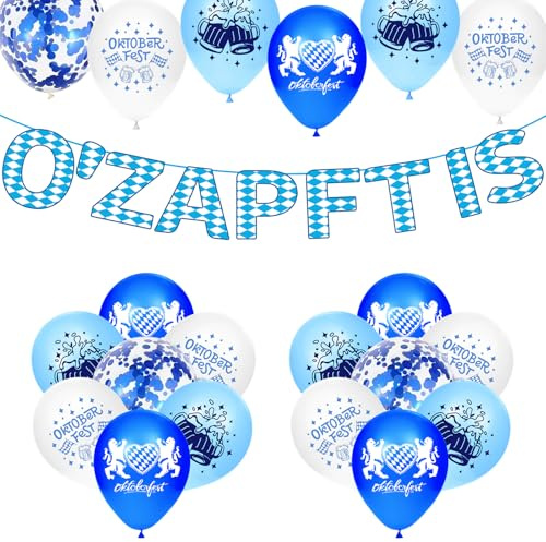 Oktoberfest Deko Set – 25-teilig mit “O’zapft is” Banner & 24 Luftballons – Bayerische Deko für Zuhause, Garten & Party