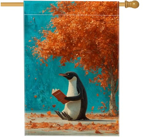 Herbst-Pinguin-Gartenflagge, Orangenbaum-Herbstdekor-Banner, doppelseitige Jute-Hofflagge, Outdoor-Rasendekoration, 71,1 x 101,6 cm