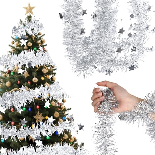 20M Lametta Weihnachtsbaum Silber Girlande Weihnachten, Weihnachtsbaum Lametta Girlande mit Sternen, Weihnachtsgirlande für Weihnachtsbaum Silvester Deko 2025 Silber