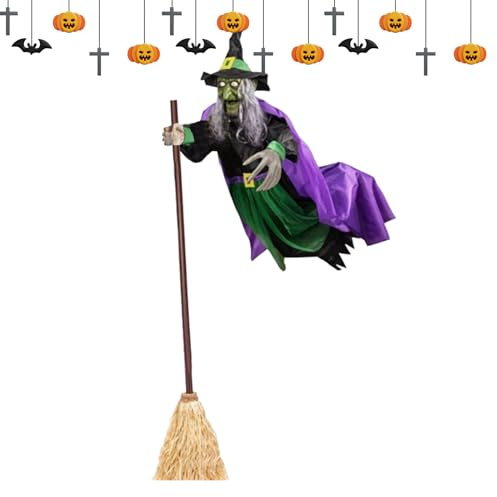 Generisch Halloween Hexe Fliegende Auf Besen, 180cm Animatronic Flying Witch Mit Leuchtenden Augen Und Horror Sound, Halloween Deko Outdoor, Witches Requisiten für Spukhaus, Haus, Party, Garten