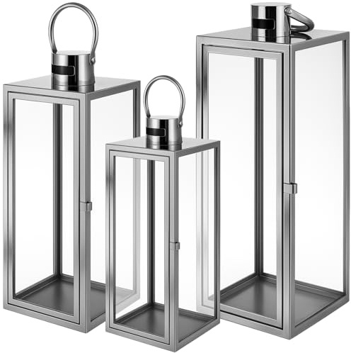 Ruhhy Laternen 3er-Set XXL, Glas & Edelstahl Windlichter für Kerzen & LED, innen & außen, für Outdoor Wohnzimmer Garten Balkon Innen Indoor (Silber)