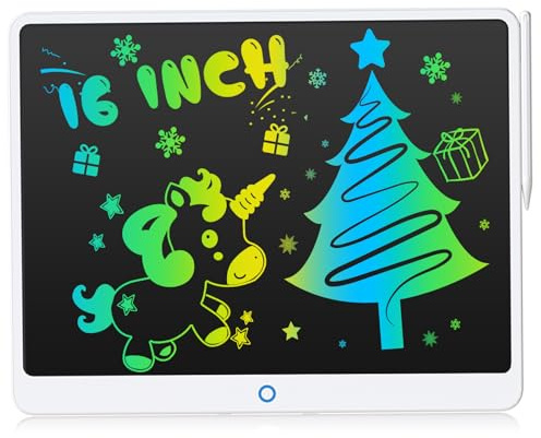Pizarra de escritura LCD de juguete para niños, 16 pulgadas, colorida, garabatos coloridos, juegos escolares de viaje en coche, regalos para niñas de 3 a 8 años (blanco)
