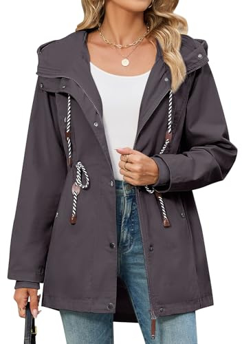 Yuson Girl Veste Femme mi Saison Long Manteau en Coton Léger Parka Mi-Long Coupe Vent Blouson avec Capuche Cordon de Serrage Jacket Zipper Coat pour Automne Chic en Printemps(Gris foncé, XL)