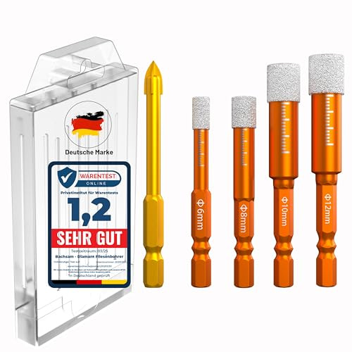 Fliesenbohrer Diamantbohrer Set 6mm,8mm,10mm, 12mm Glasbohrer Keramikbohrer Porzellanbohrer Feinsteinzeugbohrer Granitbohrer – Bohrkrone Set Fliesen Diamant mit Sechskantschaft. (6,8,10,12mm)