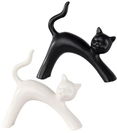 Fakeplant 2er Set Moderne Katzenfigur Deko, Minimalistische Katzen Skulptur Wohnzimmer Schlafzimmer, Keramik Tierfigur Katzenliebhaber, Stilvolle Statue Regal Fensterbank, Geschenkidee