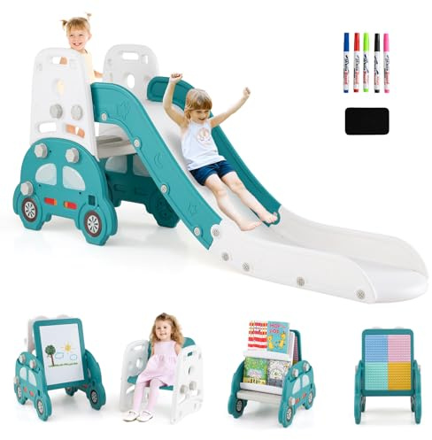 DREAMADE 5-in-1 Kinderrutsche mit Malkreidetafel, Hocker, Bücherregal, doppelseitigem Whiteboard & Bausteinhalter, klappbarer Spielplatz Indoor & Outdoor, Klettergerüst für Kinder ab 3 Jahren