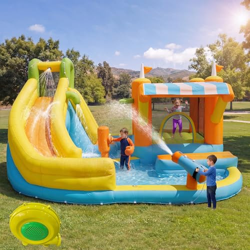 Kinders Hüpfburg Wasserpark Wasserrutsche Pool Aufblasbare Wasserspielburg Kinder Outdoor Garten Wasserspielplatz,mit Gebläse,Aufblasbare Größe: 433 * 375 * 165cm