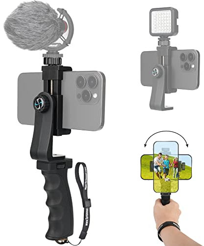 Stabilisateur Ergonomique Anti-Chute pour Smartphone avec dragonne, Adaptateur pour Micro/lumière, Perche à Selfie, pour iPhone, Samsung (Mode Paysage et Portrait)
