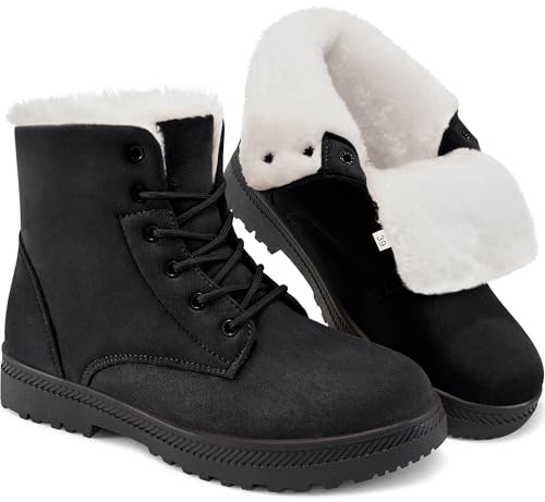 HARENCE Snow Boots for Women Winter: Warm Fur Lined Ankle Booties Comfortable Lace Up Slip on Outdoor Walking Boot