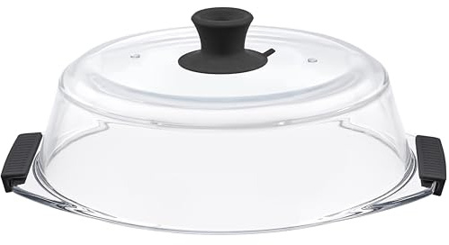 Microwave Glass Plate Cover Lid - Vented and Collapsible Design with A Safe and Easy Grip Silicone Handle – 10.5 Inch Diameter (BLACK)