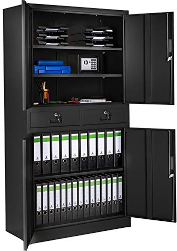 tectake® Armario Archivador Oficina en Acero, Armario Exterior e Interior con Candado Seguridad, Armario Multiusos con 5 Alturas, 4 Puertas, 2 Cajones, 3 Estantes Ajustables, 180x90x40 cm - Negro