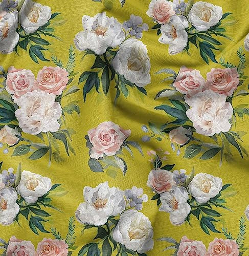 Soimoi Gelb Poly Krepp Stoff Begonie & Pfingstrose Blumen- Stoff Drucke Meter 42 Zoll breit