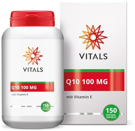 Vitals - Q10 100mg 150 Softgel-Kapseln mit 20mg natürliches Vitamin E. Reines und hochwertiges Q10. Vom weltweit führenden Q10-Spezialisten Kaneka. Nach strengen GMP-Standards produziert
