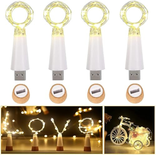 Ceepko USB Bottle Lights Rechargeable Waterproof Wine Bottles String Lights 59 Inch 15 LEDs Cork Fairy Lights for Bottles DIY Party Christmas Decorations(Warm White, 4 Pack)
