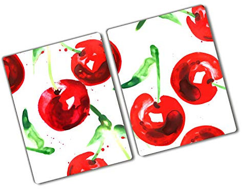 Glasschneidebrett 2x40x52 cm 2 Stück Glasplatte Dekorativ Gehärtetes Glas für die Küche Plastikfrei Antibakteriell Lebensmittelecht Rutschfest Silikonfüße Hitzebeständig - Kirschen