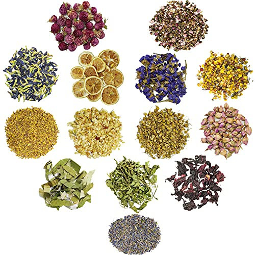 Tasnme Natural Dried Flowers Kit 14 Different Pure Nature Dried Flowers for Decoration DIY Soap Candles Resin Jewellery Bath Balls Lavender Rose Jasmine Osmanthus 6.65oz 14 Bags DIY Making