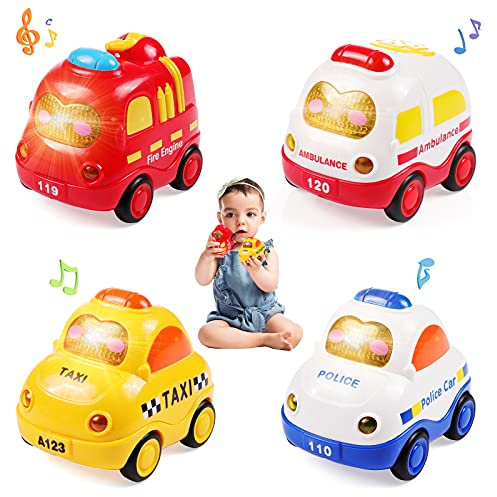 WolinTek 4 Stücke Push and Go Auto mit Licht und Musik,Früherziehung Autos Spielzeug für Jungen und Mädchen 1 2 3 4 5 Jahr,Friktionsbetriebene Spielzeugfahrzeuge