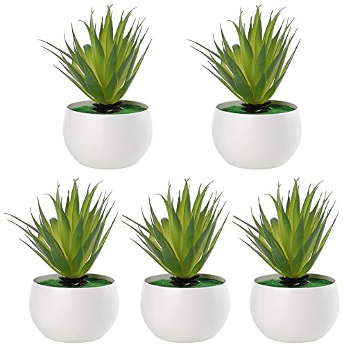 QYLJZB 5Pcs Artificial Aloe Agave Succulent Plant Mini Ornament Craft Supplies with White Plastic Pots for Balcony Garden Bathroom Home Office Plants Decor