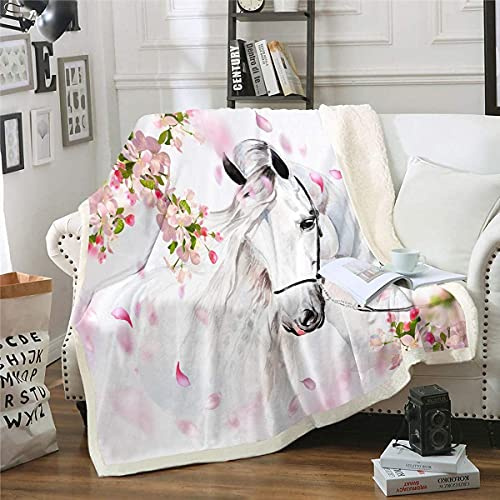 Homemissing Weiß Pferd Decke 150x200cm Rosa Blumen Blumen Flanell Fleecedecke Aquarell Wild Tier Design Kuscheldecke für Schlafsofa Couch Schlafzimmer Dekor Tierwelt Wohndecke