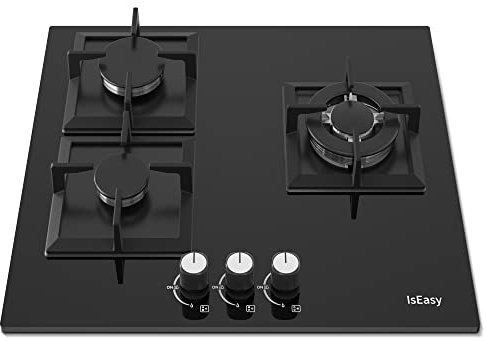 Plaque à Gaz 3 Feuxs Encastrable, Plaque de Cuisson Gaz 3 Feuxs Verre Noir, Grille Fonte - Gazs ville et bouteille