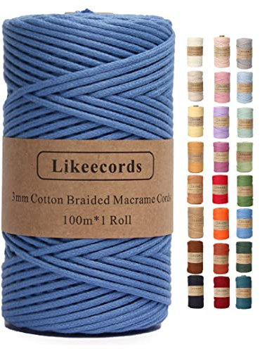 Likeecords Makramee Garn Geflochten 3mm x 100m,100% Natürliches Baumwollschnur Makramee-Schnur, Makramee-Seil, Bunte Bastelkordel aus Baumwolle für Taschen, Wandbehänge, Pflanzenaufhänger (blau)
